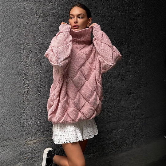 Damen Oversize Strickpullover mit Rollkragen, Zopfmuster und voluminösen Ballonärmeln Shop Nory