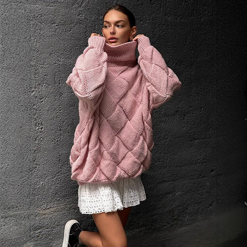 Damen Oversize Strickpullover mit Rollkragen, Zopfmuster und voluminösen Ballonärmeln Shop Nory