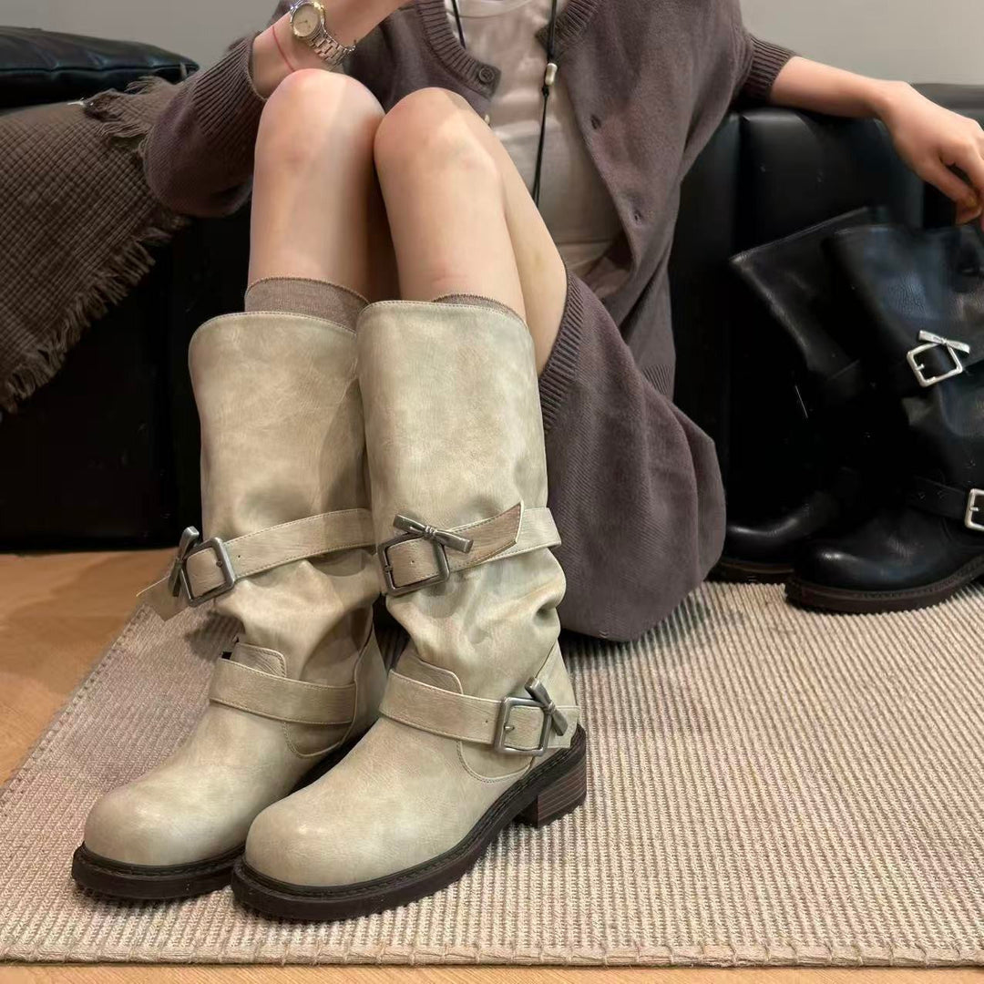 Damen modische Stiefel mit verstellbaren Riemen und komfortablem Blockabsatz