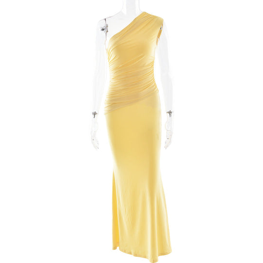 Damen Langarm-Maxikleid mit asymmetrischem Schnitt und raffinierten Drapierungen Shopnory