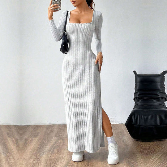 Damen figurbetontes geripptes Maxikleid mit quadratischem Ausschnitt und seitlichem Beinschlitz Shop Nory