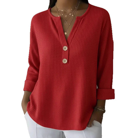 Damen Waffelstrick-Henleyshirt mit Holzknöpfen und krempelbaren Ärmeln Shop Nory