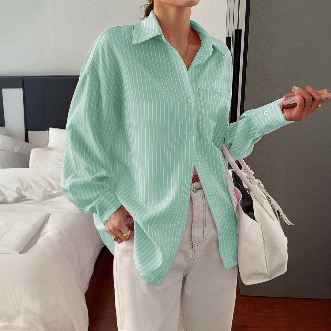 Damen nan locker geschnittene Longbluse mit Kentkragen, Brusttasche und feinem Nadelstreifen Shop Nory