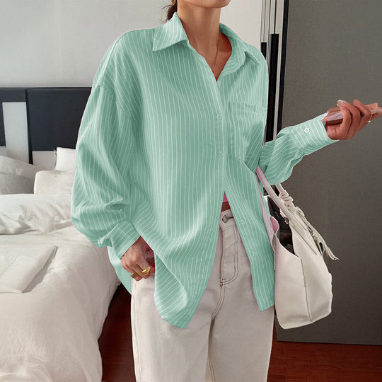 Damen nan locker geschnittene Longbluse mit Kentkragen, Brusttasche und feinem Nadelstreifen Shop Nory