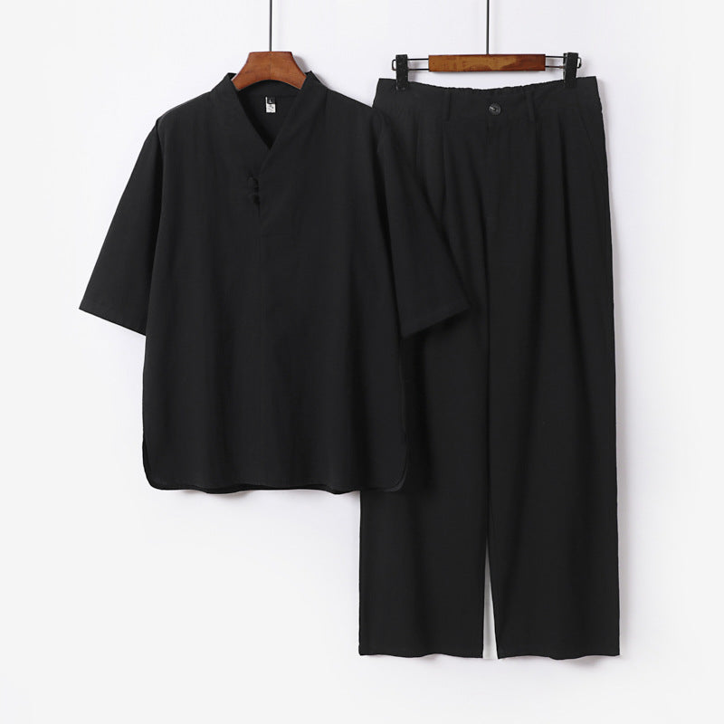 Herren Zweiteiliges Leichtes Kimono-Loungewear-Set mit Stehkragen Knotenverschluss Kurzarm und weiter Bundhose Shop Nory