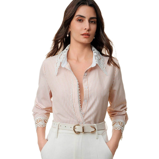 Damen Gestreifte Bluse mit Spitzenkragen und Spitzeneinsätzen Shop Nory