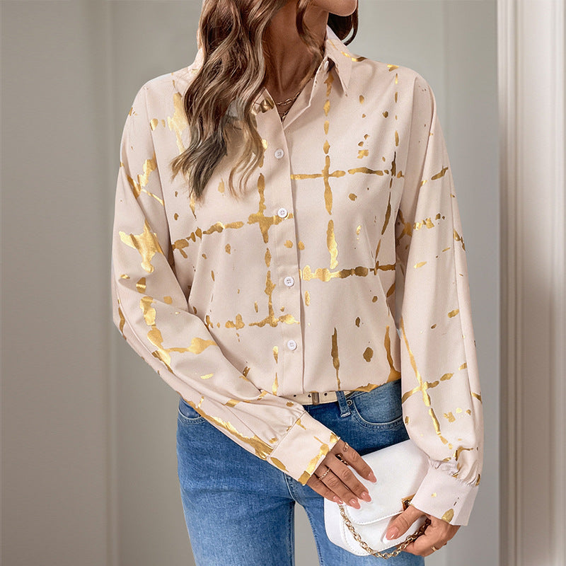 Damen Elegante Langarm-Bluse mit Gold-Folienprint, Hemdkragen und lockerem Schnitt Shop Nory