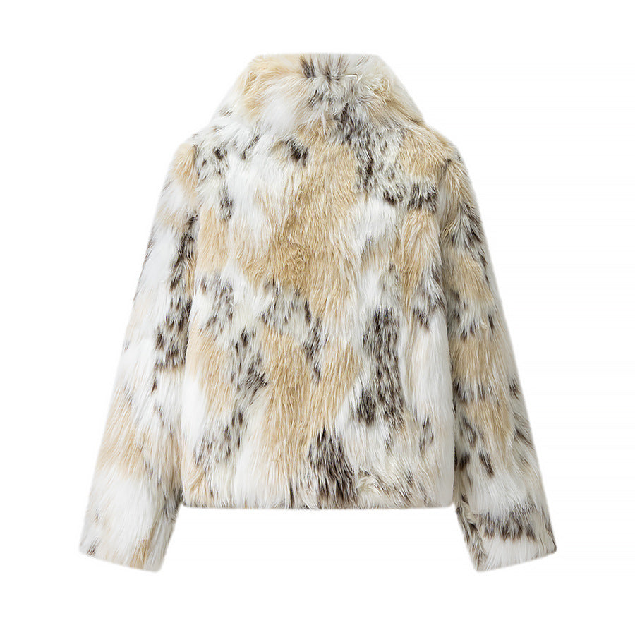 Damen Kurze Kunstfelljacke im Patchfell-Look mit hohem Stehkragen Shop Nory