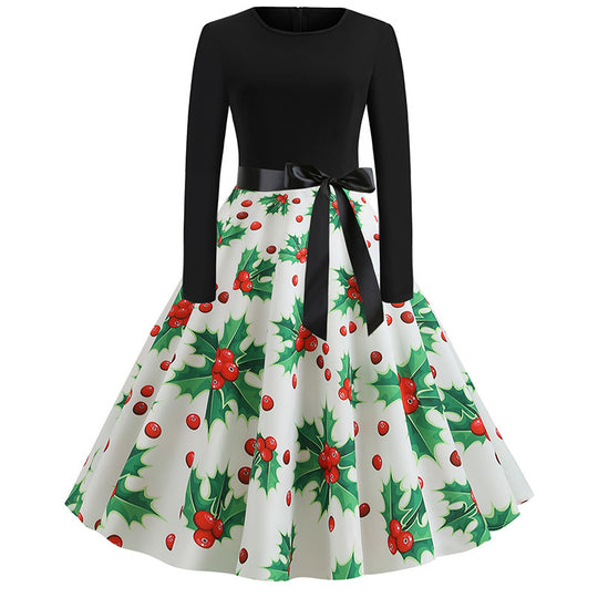 Damen Festliches A‑Linien Tellerrockkleid mit langem Arm, taillierter Passform und Stechpalmenprint Shop Nory