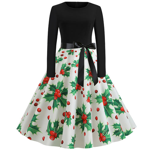 Damen Festliches A‑Linien Tellerrockkleid mit langem Arm, taillierter Passform und Stechpalmenprint Shop Nory
