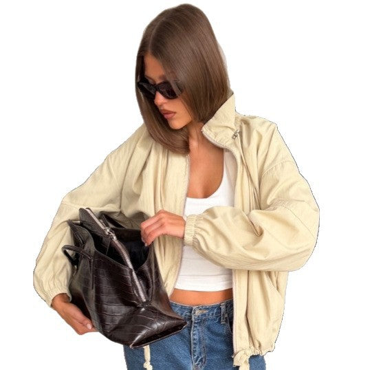 Damen Oversize Windjacke mit hohem Stehkragen, Tunnelzug-Schulterpasse und Ballonärmeln Shop Nory