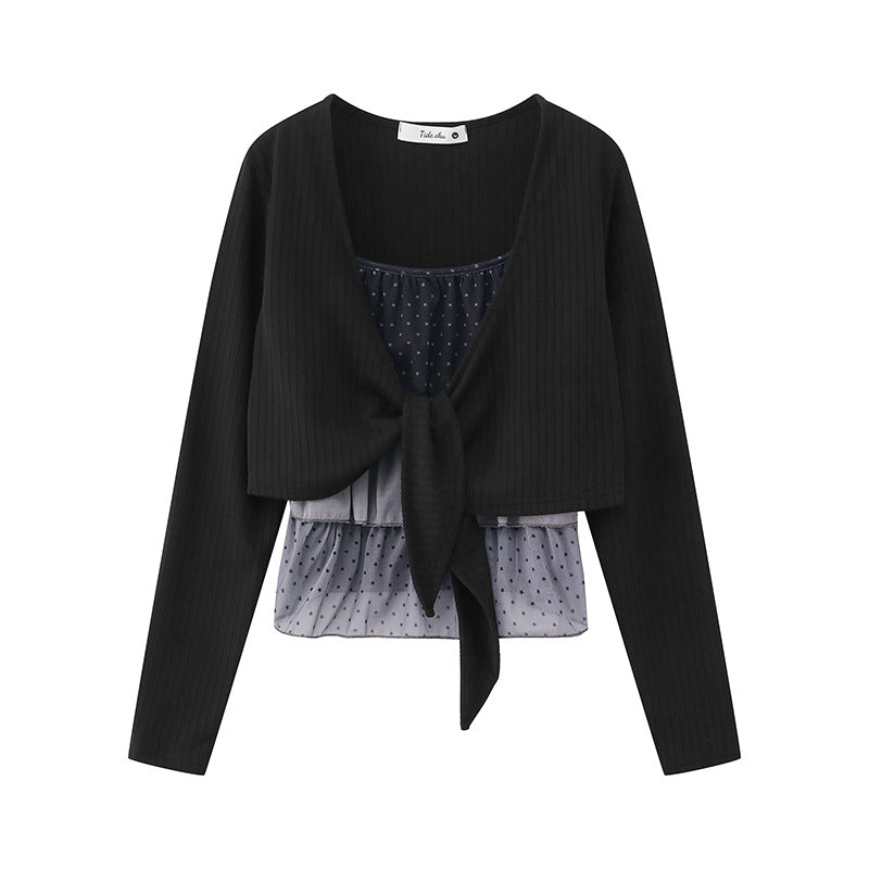 Damen Zweiteiliges Langarm-Top mit Knotenvorderseite und zartem Chiffon-Untertop Shop Nory