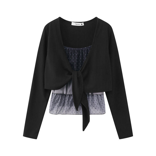 Damen Zweiteiliges Langarm-Top mit Knotenvorderseite und zartem Chiffon-Untertop Shop Nory