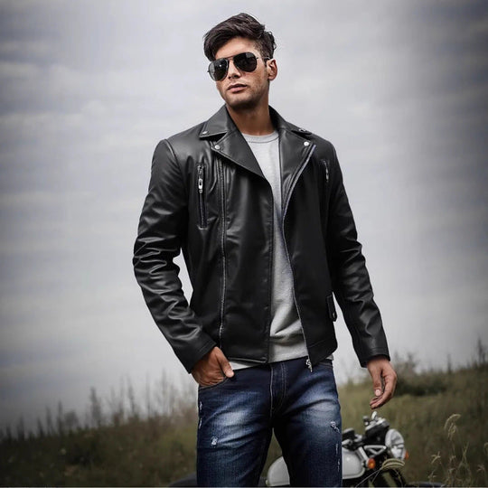 Herren Kunstleder Bikerjacke mit Steppnähten