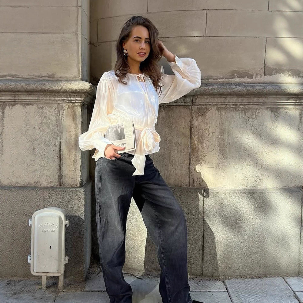 Damen Elegante Wickelbluse mit Bindegürtel und voluminösen Ballonärmeln Shop Nory