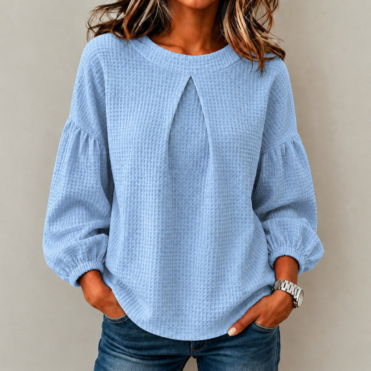 Damen Lockeres Waffelstrick-Sweatshirt mit Vorderfalte und Ballonärmeln Shop Nory