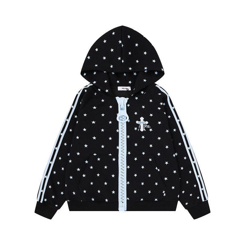 Damen Kapuzen-Sweatjacke mit Sternen-Allover, breitem Kontrastreißverschluss und seitlichen Streifen Shop Nory