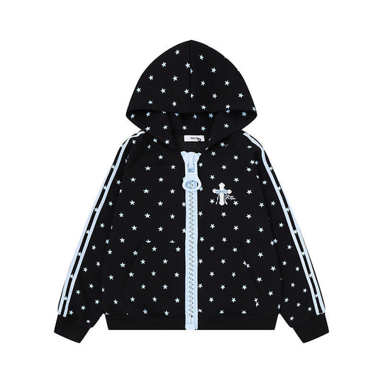 Damen Kapuzen-Sweatjacke mit Sternen-Allover, breitem Kontrastreißverschluss und seitlichen Streifen Shop Nory