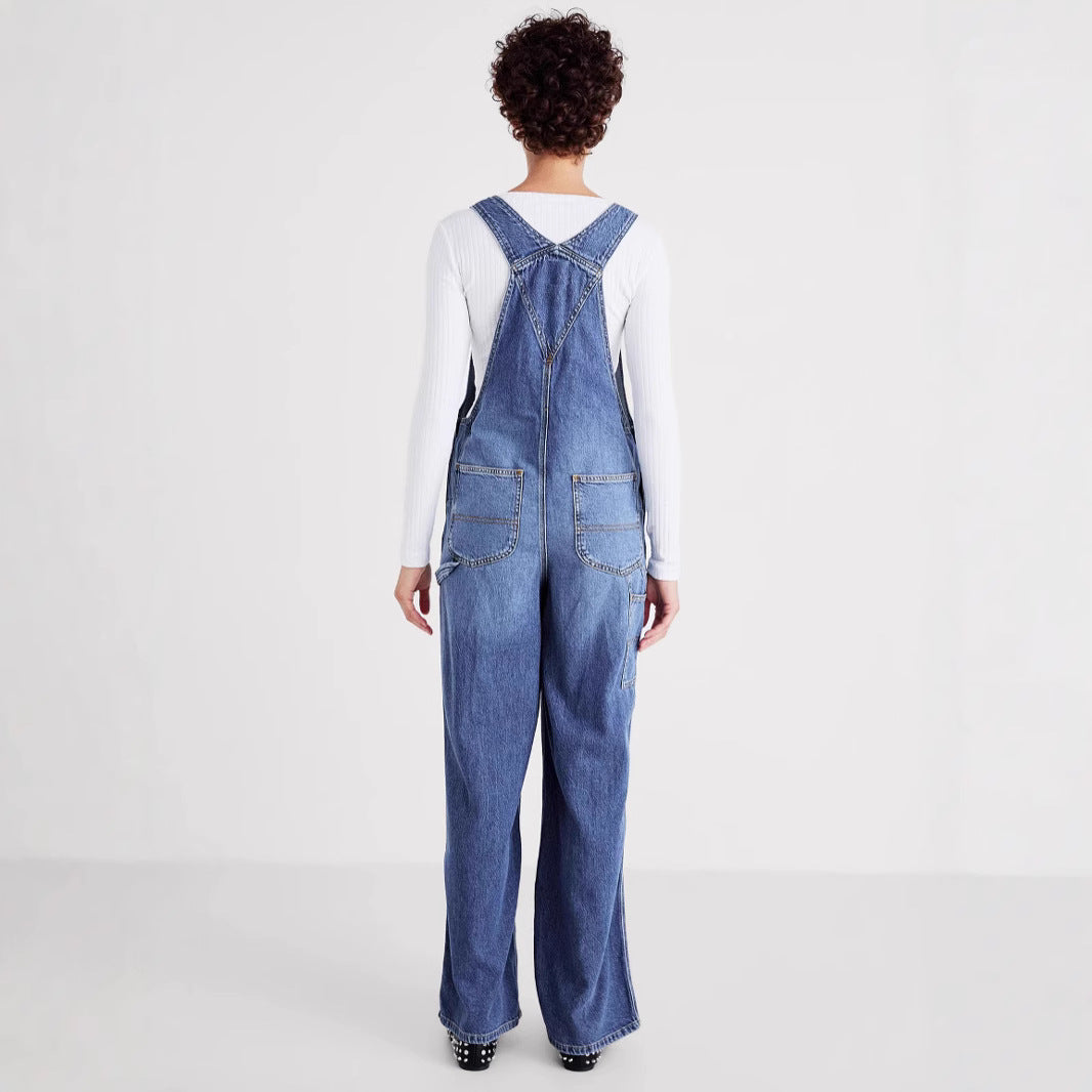 Damen Denim-Latzhose mit weitem Bein und verstellbaren Trägern
