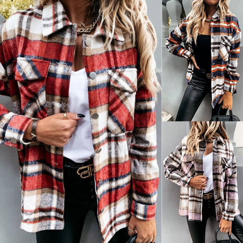 Damen Oversized Karo-Hemdjacke mit Druckknöpfen und aufgesetzten Brusttaschen Shop Nory
