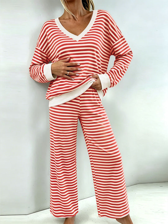 Damen Maritimes Zweiteiler mit V-Ausschnitt, Oversize-Pullover und Palazzo‑Hose Shop Nory