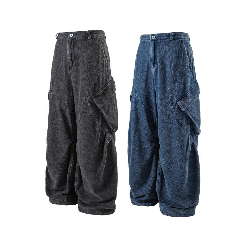Unisex Weite Cargo-Jeans mit hoher Taille, Panelnähten und aufgesetzten Klappentaschen Shop Nory