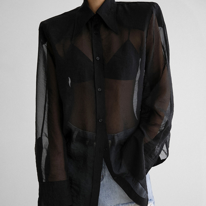 Damen Übergröße Hemdbluse mit asymmetrischem Design und transparenten Ärmeln