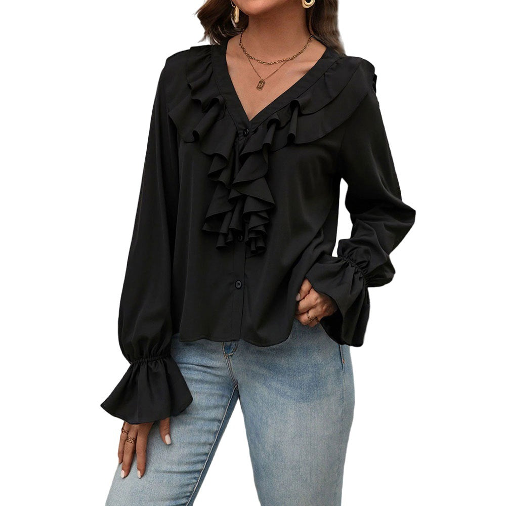 Damen feminine Rüschenbluse mit V-Ausschnitt Volantreihe und Glockenärmeln Shop Nory