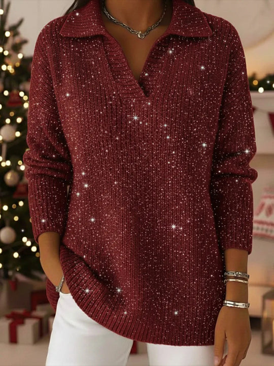 Damen Eleganter V-Pullover mit glänzenden Akzenten