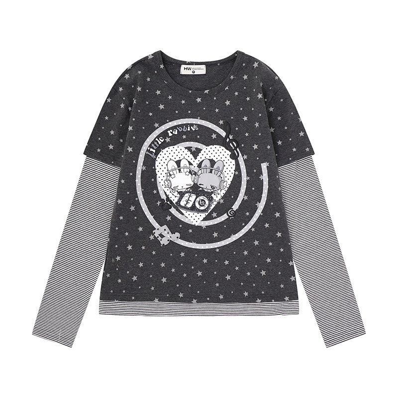 Damen Lagen-Langarmshirt mit Sternen-Allover, gestreiften Einsatzärmeln und Comic-Hasen-Frontprint Shop Nory