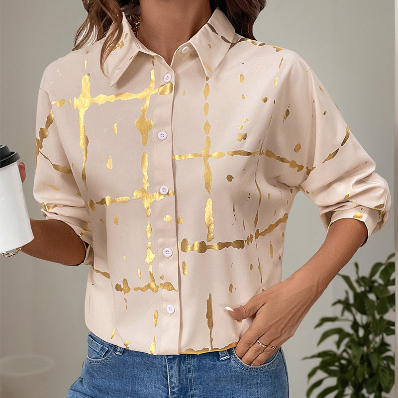 Damen Elegante Langarm-Bluse mit Gold-Folienprint, Hemdkragen und lockerem Schnitt Shop Nory
