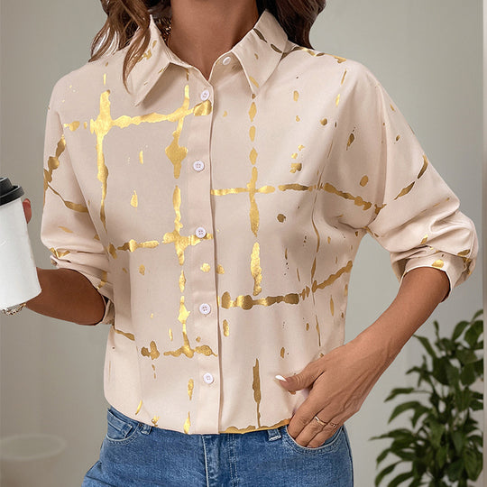 Damen Elegante Langarm-Bluse mit Gold-Folienprint, Hemdkragen und lockerem Schnitt Shop Nory