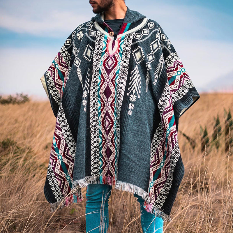 Herren Kapuzenponcho aus Wollmix mit Fransen und Ethno‑Jacquardmuster Shop Nory