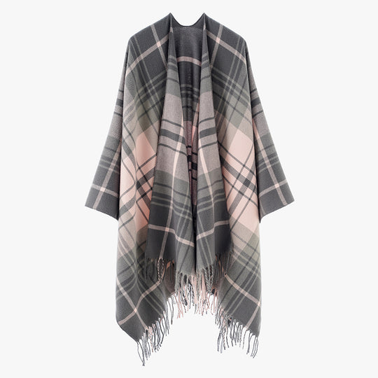 Damen Cape‑Poncho im Oversize‑Deckenstil mit tartanartigem Karomuster und Fransensaum Shop Nory