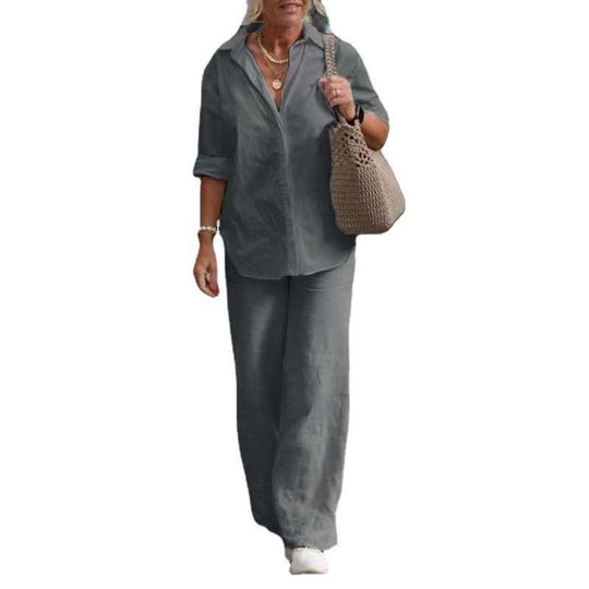 Damen Leichtes Leinen-Optik Zweiteiler mit Oversize-Hemd und weiter Palazzohose Shop Nory