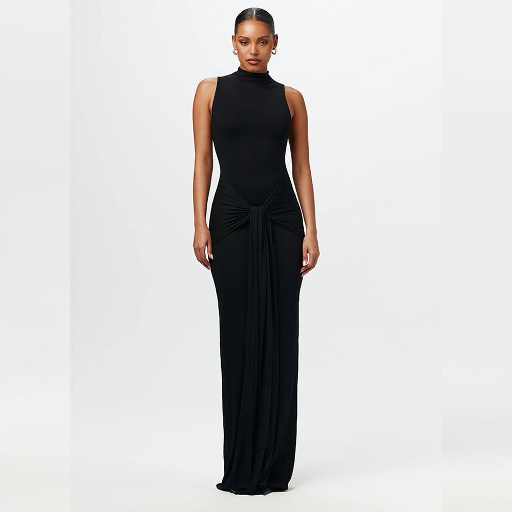 Damen Elegantes Maxikleid mit hochgeschlossenem Kragen und Drapierung Shopnory