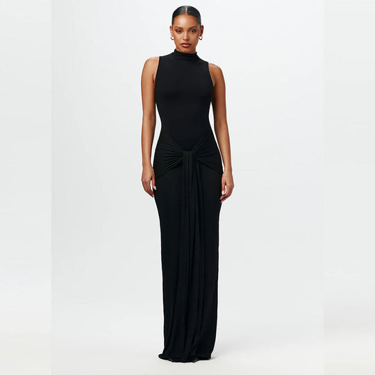 Damen Elegantes Maxikleid mit hochgeschlossenem Kragen und Drapierung Shopnory