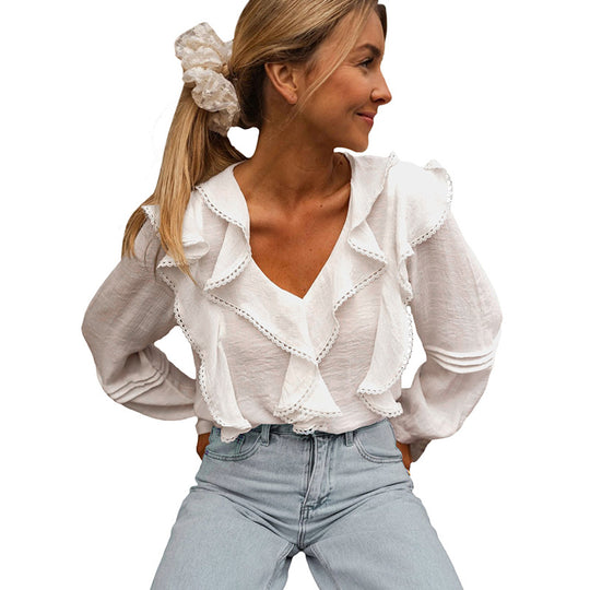 Damen Leichte V-Ausschnitt-Bluse mit Volantfront, Lochstickerei und Ballonärmeln Shop Nory