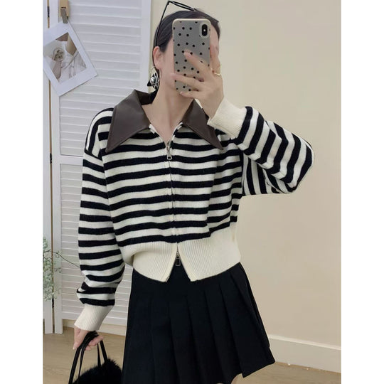 Damen Modischer Streifenpullover mit hohem Kragen und Reißverschluss Shop Nory