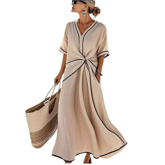 Damen Maxikleid mit V-Ausschnitt, seitlichem Knoten und Kontrastpaspeln Shop Nory
