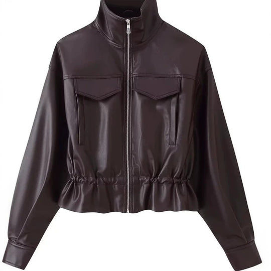 Damen gekürzte Kunstlederjacke mit Stehkragen, Reißverschluss und taillierendem Smok Shop Nory