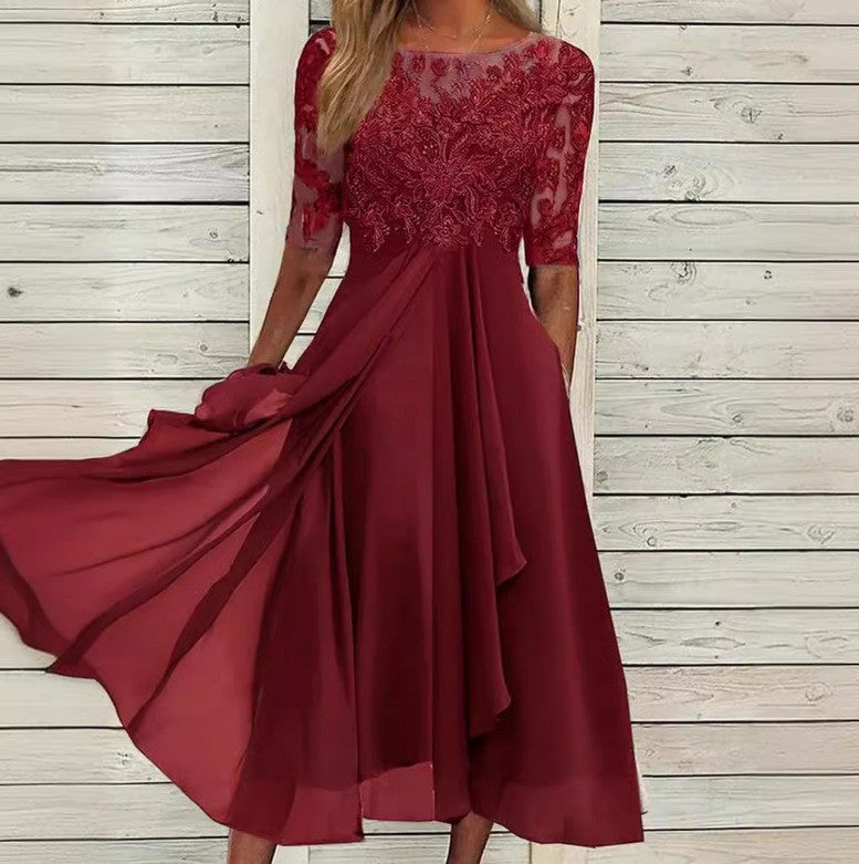 Damen nan V-Ausschnitt Chiffon-Midikleid mit besticktem Bustier, transparenten dreiviertel-Ärmeln und asymmetrischem Lagenrock