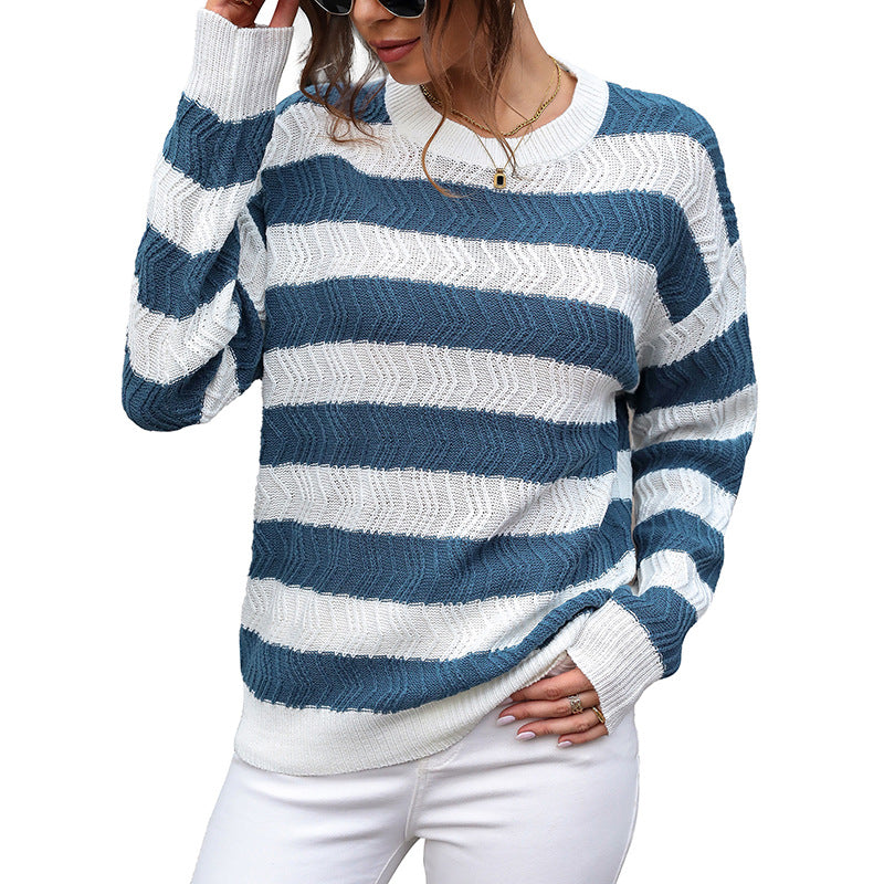 Damen Lässiger Rundhals-Feinstrickpullover mit breiten Streifen und Zickzackstruktur Shop Nory
