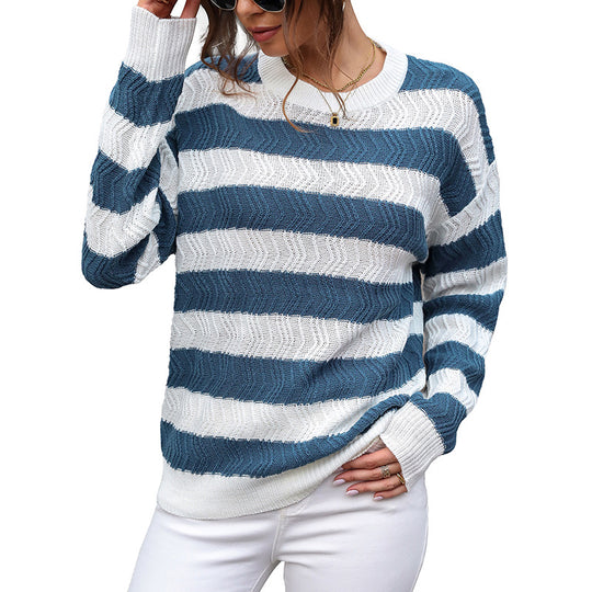 Damen Lässiger Rundhals-Feinstrickpullover mit breiten Streifen und Zickzackstruktur Shop Nory