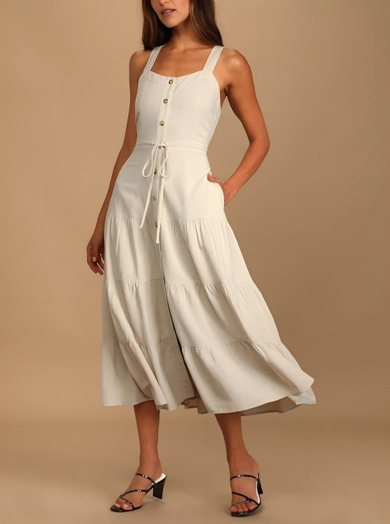 Damen Maxikleid mit nostalgischem Knopfverschluss und verstellbaren Trägern Shopnory