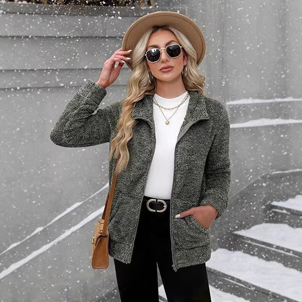 Damen nan kuschelige Teddy-Fleecejacke mit durchgehendem Reißverschluss, Stehkragen und seitlichen Eingrifftaschen Shop Nory
