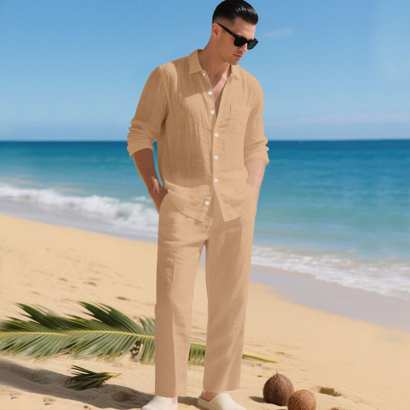 Herren leichtes Leinen-Outfit mit stilvollem Hemd und eleganter Hose ShopNory