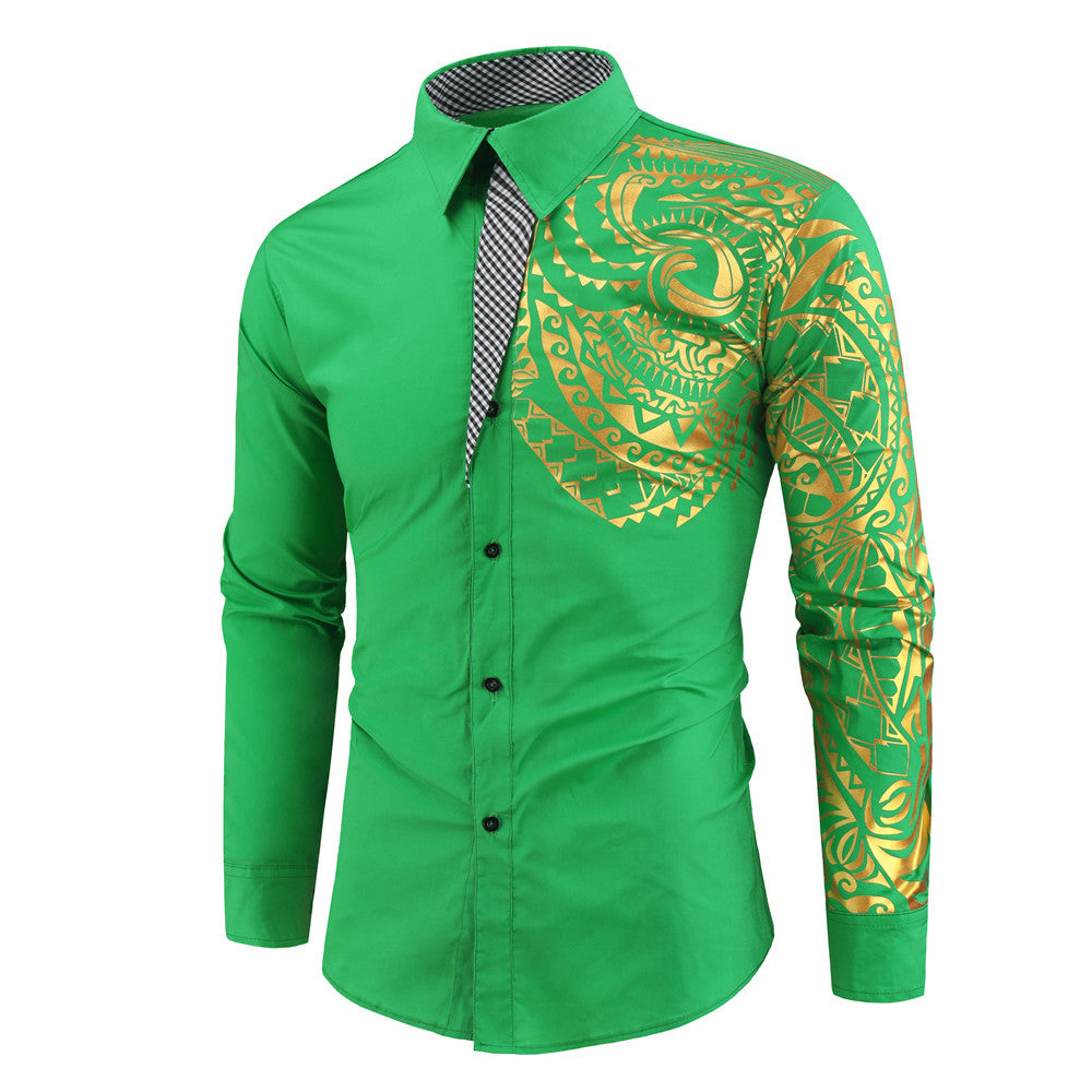 Herren schmal geschnittenes Hemd mit polynesischem Druck, Kontrastkragen und Ärmelmotiv Shop Nory
