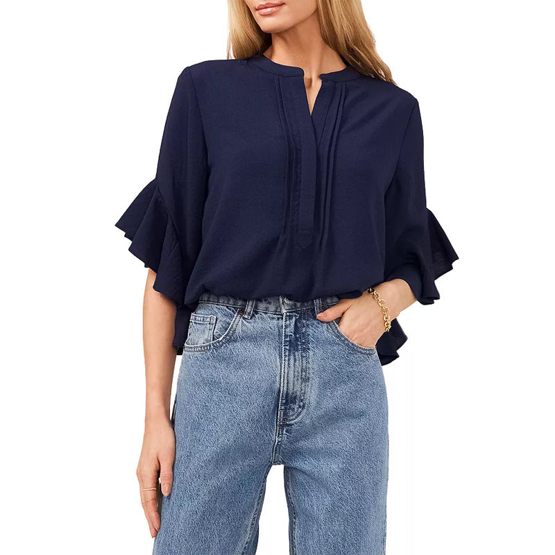Damen Rüschen-Bluse mit V-Schlitz, lockerem Schnitt und Trompetenärmeln Shop Nory