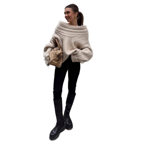 Damen Oversized Grobstrick-Pullover mit Kapuze, tiefem Schulterfall und strukturierter Rippoptik Shop Nory